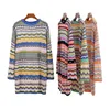 여성 스웨터 가을 / 겨울 2021 유럽과 미국 라운드 넥 스트라이프 니트 여성 무지개 스트라이프 풀오버 스웨터 드레스
