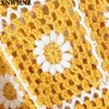 女性の白いひまわりの手作りかぎ針編みニットカーディガン女の子黄色い甘い中空長袖ボタンアップセータートップ210520