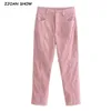 Vintage French Corduroy Pants Autumn Woman High Waist Ankle Length Small Pencil Pink Trousers Q0801