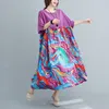 Johnature vintage patchwork kleur jurken voor vrouwen O-hals halve mouw herfst plus size vrouwen kleding paarse jurk 210521
