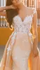Underbara sjöjungfrun spets bröllopsklänningar med mopping svans bröllopsklänning ansökan plus storlek brud