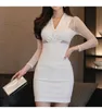 Spring sexy net yarn splicing v-neck hollow out han edition of tall waist OL temperament socialite mini dress 210602