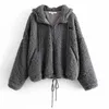 Engrossar o casaco fêmea solto europeu casaco de lã sólida cordão com capuz windbreaker mulheres 210531