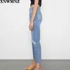 Za blekade högvivna jeans med femfickdesign rippade detaljering på framsidan och dragkedja fluga metall toppknappen fasta