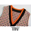 TRAF Women Fashion Jacquard Check Cropped Knitted Vest Sweater Vintage V Neck Sleeveless Female Waistcoat Chic Tops 210415