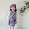 Venta al por mayor Spring Baby Girl 2-PCS Conjuntos Camisas de manga larga + Falda de chaleco a cuadros púrpura con bolsa Lady Style Ropa para niños E9042 210610