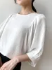 女性のブラウスシャツShuchanfwhite Satin Lanternスリーブシルクトップの女性オフィスの女性Blusa Feminina Blouse Rome o-neck 3四半期のThi