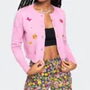 Vintage Słodka Cute Girl Pink O-Neck Kwiat Motyl Haft Krótki Dzianiny Cardigan Spadek Sweter Płaszcz Topy Dla Kobiety 210508