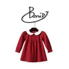 Jesień Cute Red Haft Ball Suknia Dziewczyny Dresses Kid Girl Party Dress Długim Rękawem O Neck Cake Cake Ruffled Bubble Dress 1-6t Q0716