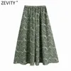 Women Vintage Totem Floral Print Green Midi Faldas Mujer Female Chic Elastic Waist Party Vestido Brand Skirt QUN757 210416