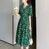 Summer Dress For Women Casual Print Chiffon Long Ladies Sexy V-neck Short Sleeve Boho Beach Holiday es Robe 210514