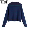 Women Fashion With Ribbed Trim Check Cropped Knitted Sweater Vintage Long Sleeve Female Pullovers Chic Tops 210507