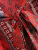 Bohemia V neck Red Floral Print Long Kimono Shirt BOHO Ethnic Lacing up Bow sleeve Cardigan Holiday Blouse Loose 210429