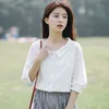 春の夏の韓国のファッションプレッピースタイルの女性3/4スリーブ緩い白いシャツ綿のピーターパンカラーカジュアルブラウスS710 210512