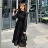 Mola Coreana Mulheres Francesa Slim Manga Longa Elástico Cintura Simples Sólido A- Linha Vestido Elegante Vestidos 210416