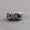 Retro Blue Eye Owl Adjustable Silver Rings With Side Stones Cute Men and Women Simple Design Animal Ring jewelry wholesale