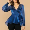 Femmes bleu maille voir à travers Blouse col en V hauts à manches longues Sexy Transparent avec ceinture taille chemise d'été élégant Blusa 210416