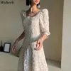 Kore Chic Dantel Elbise Kadın Moda Zarif Kare Yaka Puf Kollu Lady Parti Sukienki Elbise Rahat Vestidos Ropa 210519