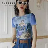 Mesh Crop Tops T рубашка графические тройники женские летние голубые напечатанные футболки с коротким рукавом узкий высокий модный дизайнер 210427