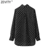 Zeefity Dames Polka Dots Print Casual Black Smock Blouse Office Lady Single Breasted Chiffon Shirt Chique Blusas Tops LS7613 210603