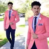Pink Casual Slim fit Men Suits with Notched Lapel 2 Piece Wedding Tuxedo for Groomsmen Man Fashion Jacket with Navy Blue Pants X09313w