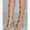 Prova Perfetto Stile Gladiatore Sandali da donna Moda PVC Sexy Lunghi cristalli brillanti Tacchi alti 10 cm Scarpe