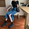 Traf Summer Women Korean Long Jeans Midi Loose Skirts Dark Light Blue Split High Waist Denim Vintage Female High Street 210724