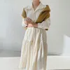 Lente vrouwelijke losse casual peter pan kraag effen kleur lange mouw minimalistische brede zoom a-lijn shirt jurk 8Q547 210510