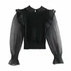 スタイリッシュなファッションZa Sweet Organzaスリーブブラウスパッチワーク黒編み具シャツレースフリルシックプルオーバートップ210521
