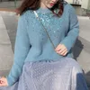 Femmes bleu blanc violet abricot O cou pull tricoté pull à manches longues en vrac automne hiver M0193 210514