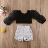 Toddler Baby Tjej Kläder Sätt Solid Färgpuff Långärmad Skörd Toppar Plaids Kort Byxor 2st Outfits Kläder