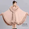 Elegancki V Lapel Rex Rabbit Fur Płot Cape Winter Women Big Shawl Pełne wykończenie Faux Fur Cashmere Cloak Overcoat Parka 220112