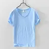 T Shirts Men Short Sleeve 100%Pure Cotton V-neck Top Casual Solid White Tee Male Basic Tshirts Clothing 210722