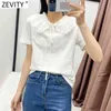 Zevity Nouvelles femmes Sweet Cascade Volants Décoration Casual Blanc T-shirt Femme Chic À Manches Courtes Tricoté Tops D'été T695 210419