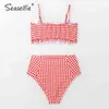 SEASELFIE Bikini sexy a quadretti rossi con punto smock Costumi da bagno Costumi da bagno donna Costume da bagno 2021 Bikini a fascia a vita alta Costumi da bagno 210319