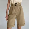 Bredt ben lösa bermuda shorts för kvinnor hög midja lila eller svart bomull fri bältekvalitet femme 210722