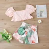 18M-6Y夏の子供子供の女の子服セットパフスリーブTシャツトップス弓の花のショーツ衣装衣装210515