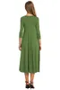 Autumn Women Casual Long Dresses A-Line Mid-Calf Solid Color O Neck 3/4 Sleeve Big Swing Midi Dress Loose