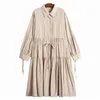 [EAM] Women Khaki Elegant Big Size Pleated Sashes Midi Dress Lapel Long Sleeve Loose Fit Fashion Spring Autumn 1DD7485 21512