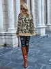 Qooth Animal Print Jumper Donna Leopard Crochet Top Maglieria Dolcevita Manica lunga Pullover Maglioni QT334 210609