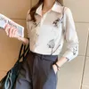 韓国の女性シルクシャツサテンブラウスのための長袖の女性花ブラウストップスプラスサイズのプリントxxl 210427