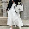 Beyaz Yaz Kadın MIDI Etekler Siyah Elastik Yüksek Bel Pileli Kadın Saias Kore Ulzzang Uzun Streetwear 210421
