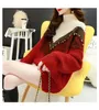 H.SA Arrivals Women Winter Pullover and Casual Pearl Beading Patchwork Soft Warm Knit Jumpers Gauze Sweaters 210417