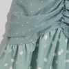 Foridolpolkaドットフレアスリーブボディコンサマードレス女性Ruched Ruffle Party Short Mini Dress Vintage Beach Green Dress Vestido 210415