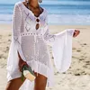 Roupa de banho feminina biquíni branco de crochê cobertura oca decote em v manga longa flare túnica vestido de praia sexy malha coberturas