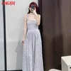 Fashion Women Blue Striped Print Cotton Ling Sleeveless Backless Female Beach Dress QN33 210416