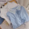 Sommer Einfache Hemd Kleine Frische Elegante Bluse Frauen Koreanische Wilde Süße Schlanke Taille Dünne Spitze-up Peter Pan Kragen tops 210519