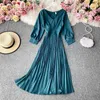 Autumn Vintage V-Neck Pleated Dress For Women Casual Long Sleeve Single Breasted Draped Dresses Female Big Swing Vestidos 2020 Y0603