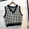 Vintage Plaid Sweter Kamizelka Kobiety Harajuku Loose V-Neck Sweter Waistcoat Sueter Mujer Casual Gilet 210519