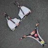 Costume da bagno bikini sexy con stampa nera a fiori spaccati in due pezzi Costume da bagno estivo con reggiseno a V profondo da spiaggia 210629